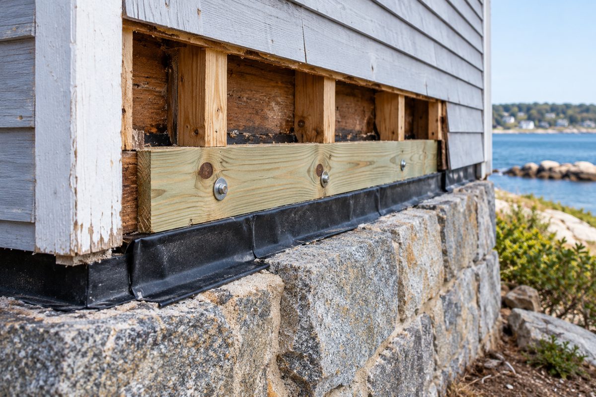 Structural sill plate repair with moisture barrier flashing and clean timber cuts