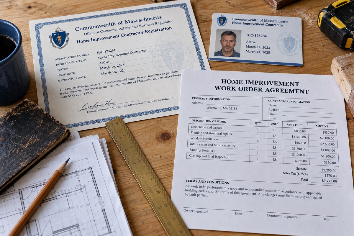 Massachusetts contractor registration certificates, written estimate sheets, and project documentation on an office desk