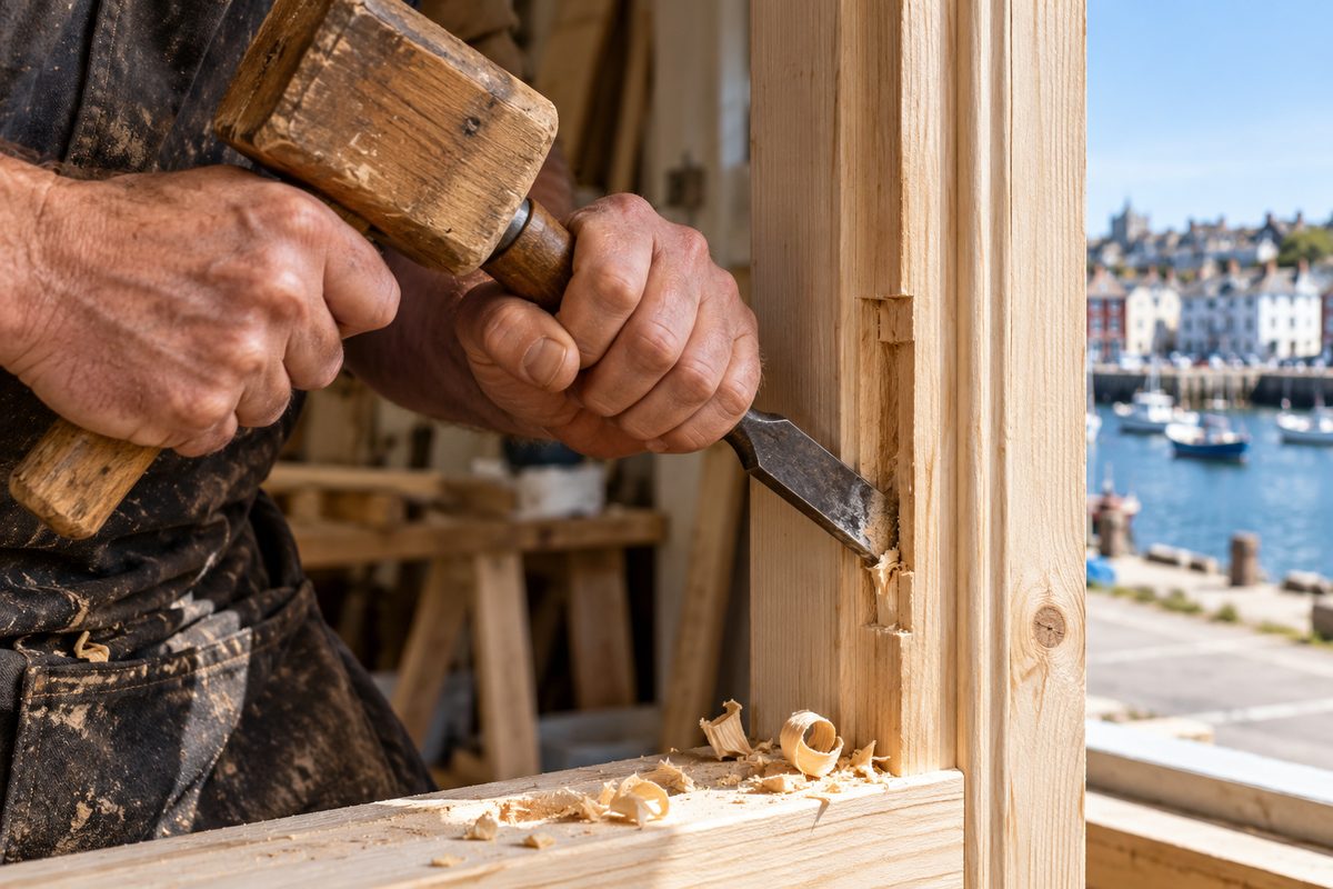 Carpenter chiseling a hinge mortise into a solid pine interior door jamb