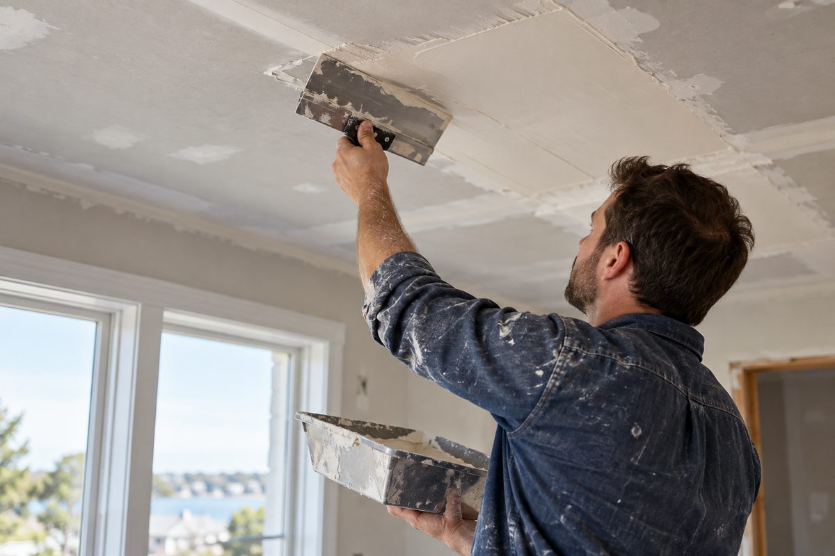 Tradesman applying joint compound with a wide stainless steel taping knife