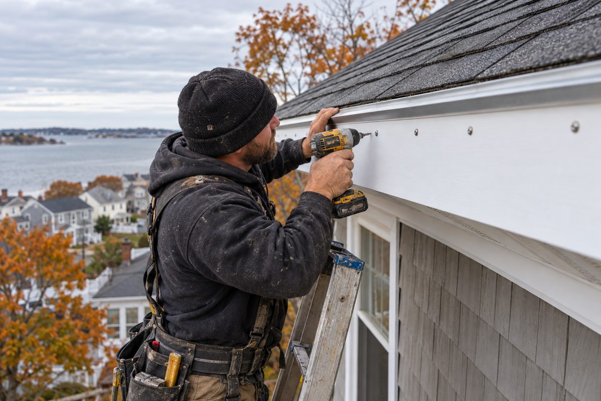 Carpenter securing cellular PVC exterior fascia board on an exterior ladder