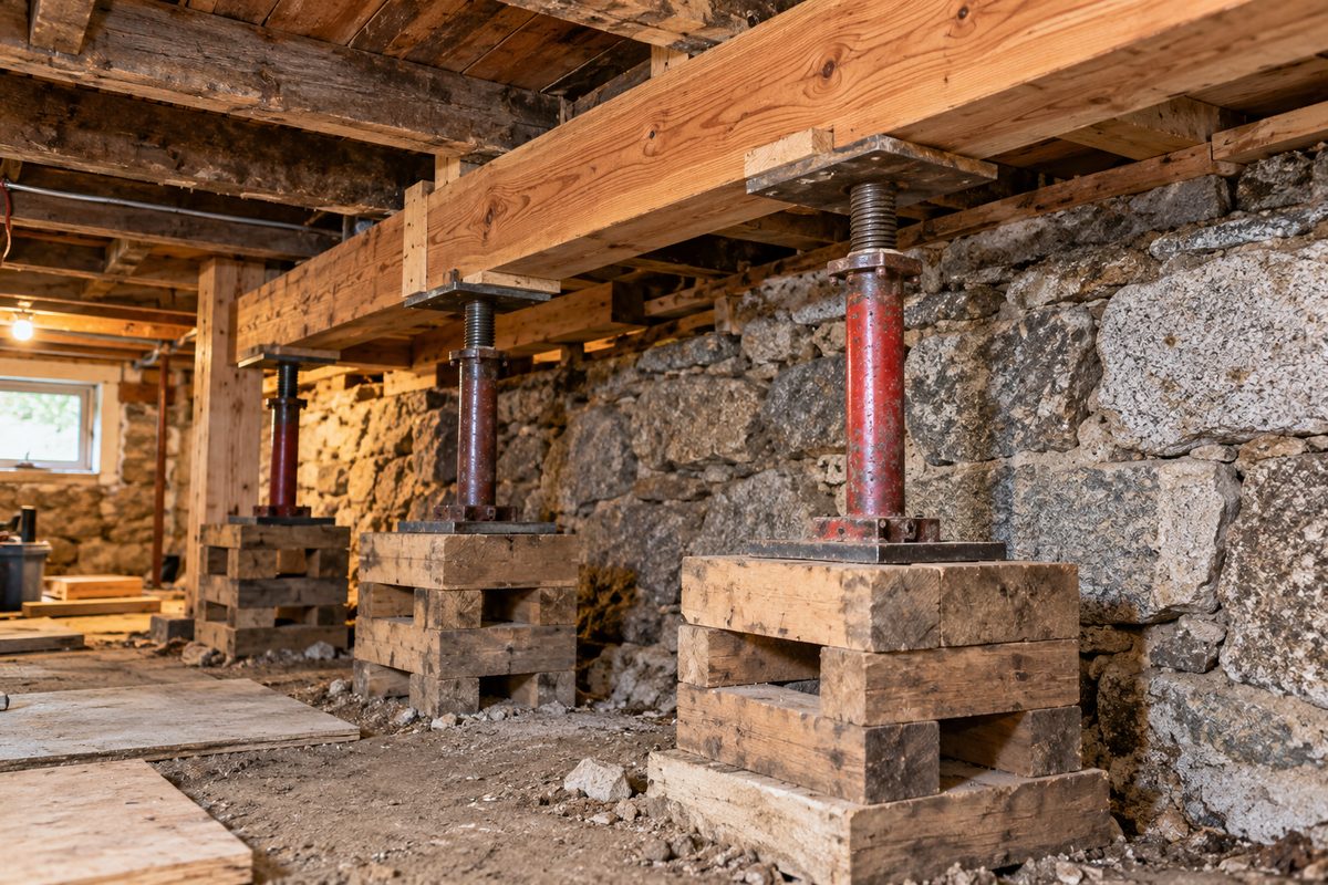 Heavy steel screw jacks and solid timber cribbing supporting exterior wall framing during foundation sill remediation