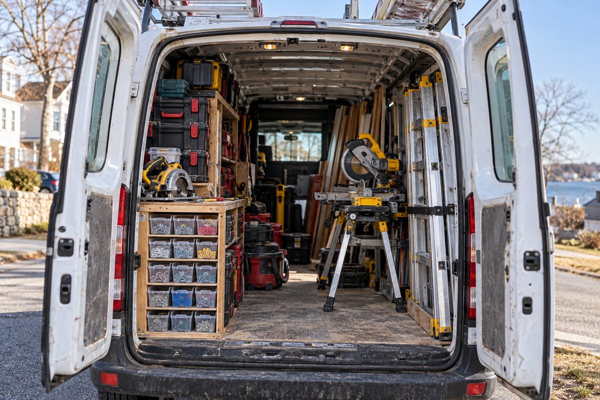 Organized contractor work van interior loaded with Milwaukee crates, miter saw, and ladders